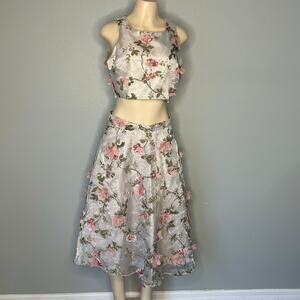 L’ATISTE Floral 2Piece Set Crop Top & Midi Skirt Pink 3D Appliqué L fairycore